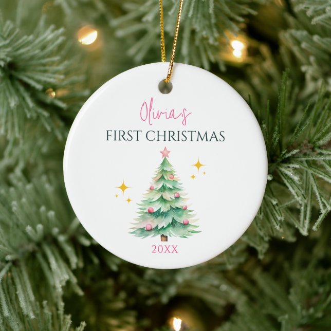 Personalise Cute Pink Baby Girl 1st Christmas Tree Ceramic Tree Decoration (Tree)