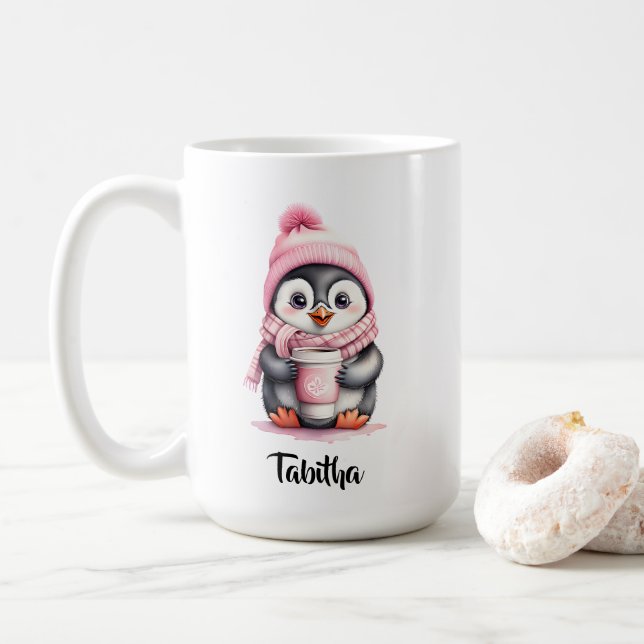 Personalise Cute Pink Penguin Christmas  Coffee Mug (With Donut)