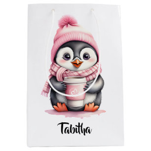 Personalise Cute Pink Penguin Christmas Gift Bag