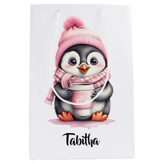 Personalise Cute Pink Penguin Christmas Gift Bag (Front)