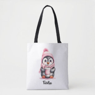 Personalise Cute Pink Penguin Christmas  Tote Bag