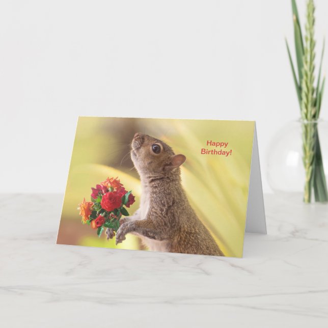 Personalise Cute Squirrel with roses Birthday Card (Front)