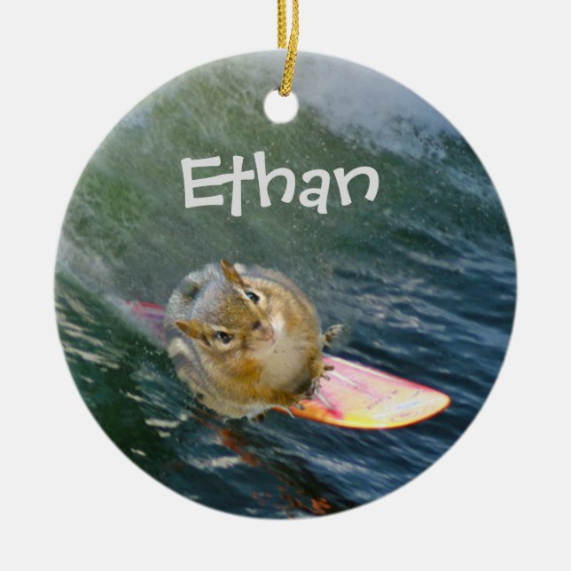 Personalise Cute Surfing Chipmunk Ceramic Tree Decoration (Front)