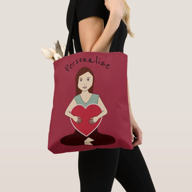 Personalise Cute Yoga Girl holding Red heart Tote Bag (Close Up)