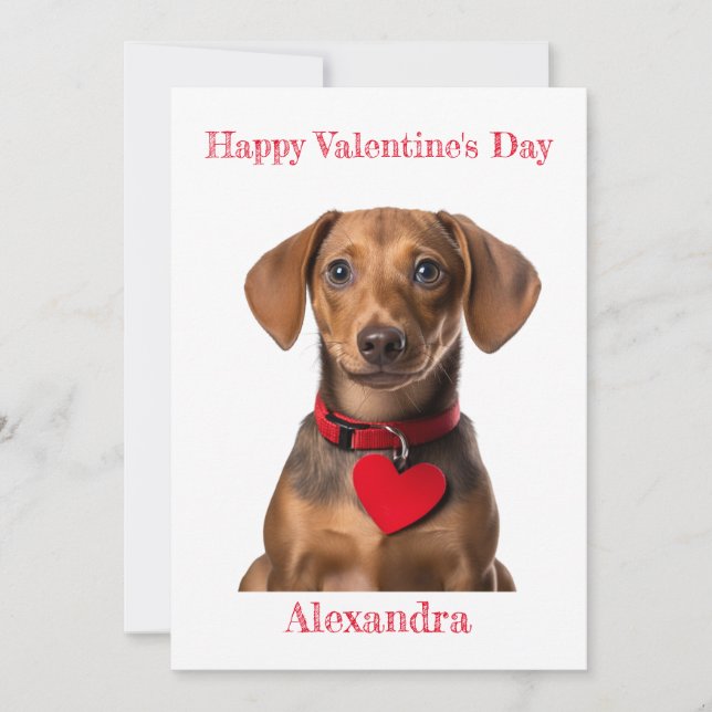 Personalise Dachshund Puppy Heart Collar Valentine Holiday Card (Front)
