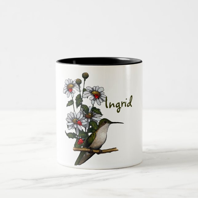 Personalise: Daisies, Hummingbird, Ladybugs: Art Two-Tone Coffee Mug (Center)