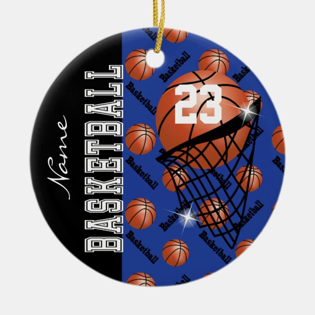 Personalise Dark Blue Basketball Ceramic Tree Decoration (Front)