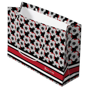 Personalise Dark Red and Black Soccer Balls Large Gift Bag