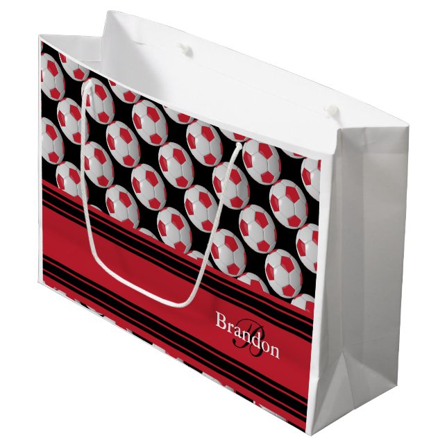 Personalise Dark Red Soccer Balls Large Gift Bag (Front Angled)