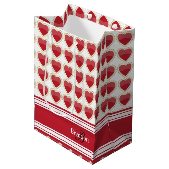 Personalise Dark Red Valentine Hearts Medium Gift Bag (Front Angled)
