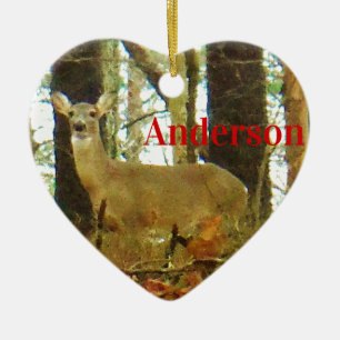 personalise: Deer in the Misty Pines Ceramic Tree Decoration
