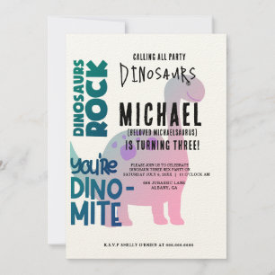 Personalise Dinosaur Three Rex 3rd Birthday Party  Invitation