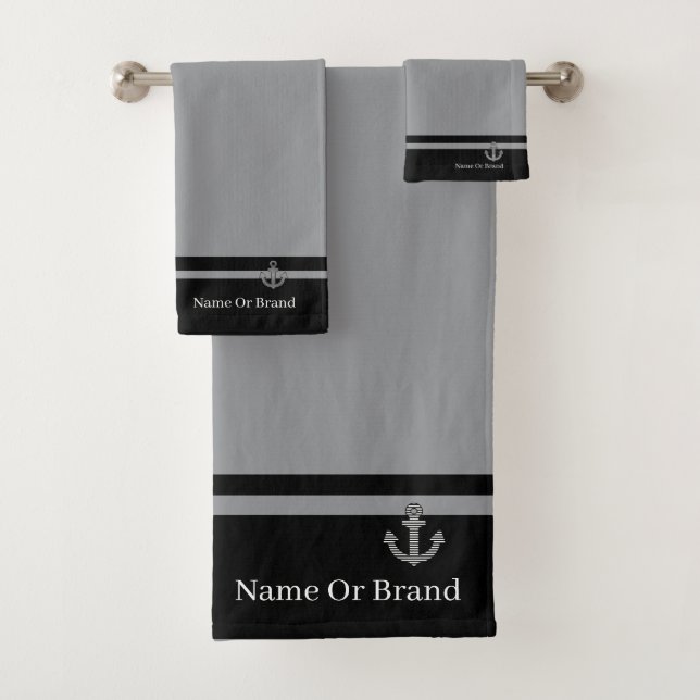 Personalise Double Band Black Grey Anchor  Bath Towel Set (Insitu)