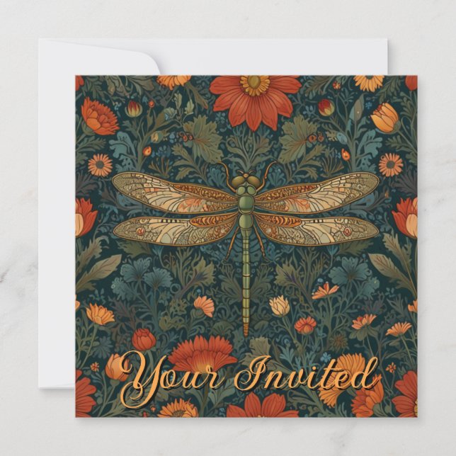 Personalise dragonfly orange floral boho chic invitation (Front)