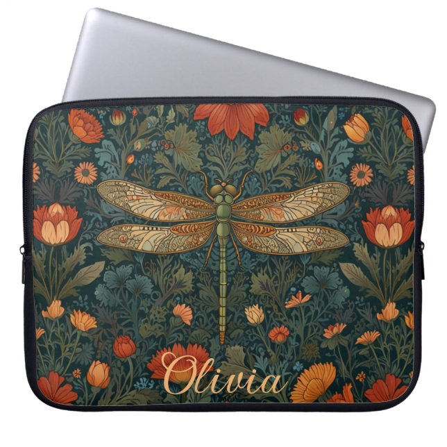 Personalise dragonfly orange floral boho chic laptop sleeve (Front)