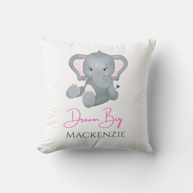 Personalise Dream Big Pink Grey Elephant Baby Girl Cushion (Front)