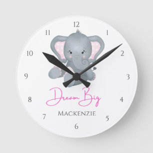 Personalise Dream Big Pink Grey Elephant Baby Girl Round Clock