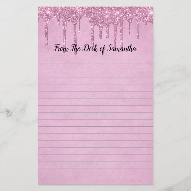 Personalise Dripping Glitter Pink Lined  Stationery (Front)