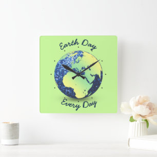 Personalise Earth Day blue sparkles Globe Square Wall Clock