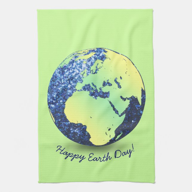 Personalise Earth Day blue sparkles Globe Tea Towel (Vertical)