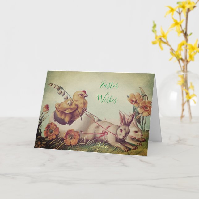 Personalise EASTER Wishes Vintage Rustic Greetings Card (Yellow Flower)