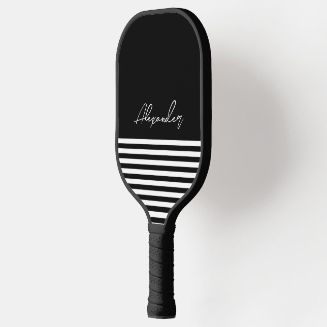 Personalise Elegant Black and white Stripe Pattern Pickleball Paddle (Left)