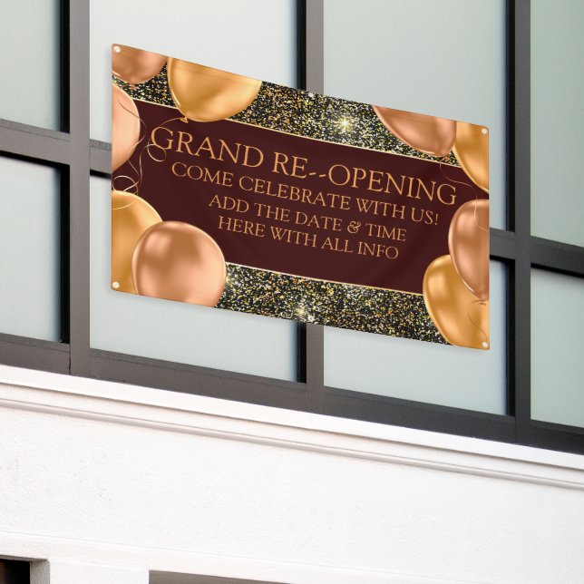 Personalise Elegant Grand Re-Opening Gold Balloons Banner (Outside Building)