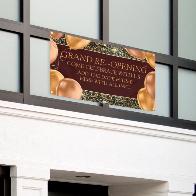 Personalise Elegant Grand Re-Opening Gold Balloons Banner (Outside Building)