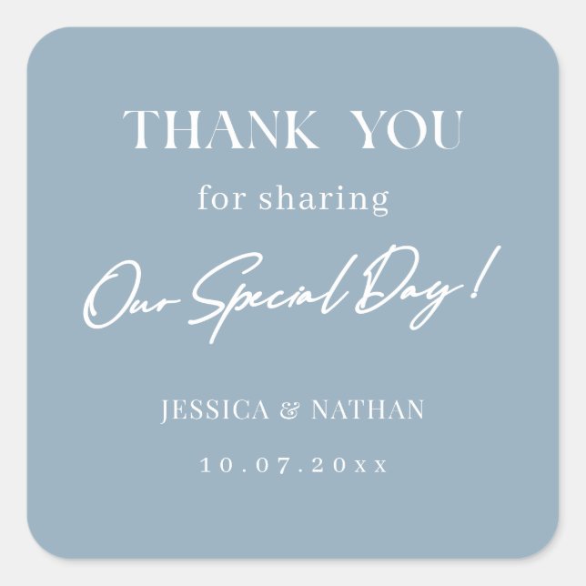 Personalise Elegant Wedding Thank You Dusty Blue Square Sticker (Front)
