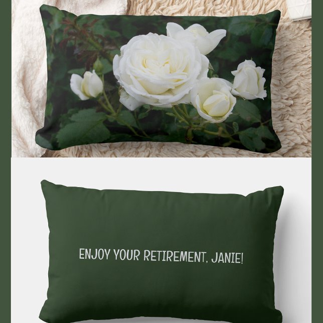 Personalise Enjoy Retirement Coworker Friend Roses Lumbar Cushion (Modern, elegant Enjoy Your Retirement personalized name accent pillow. Photo of cream white roses )