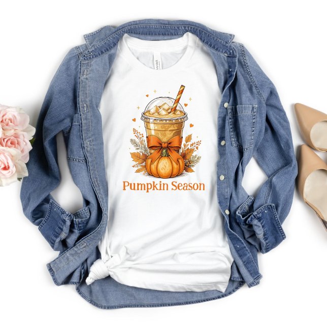 Personalise Fall Autumn Pumpkin Iced Coffee Latte  T-Shirt (Pumpkin Spice Latte Fall Autumn Personalized T-shirt Orange Coquette Bow)