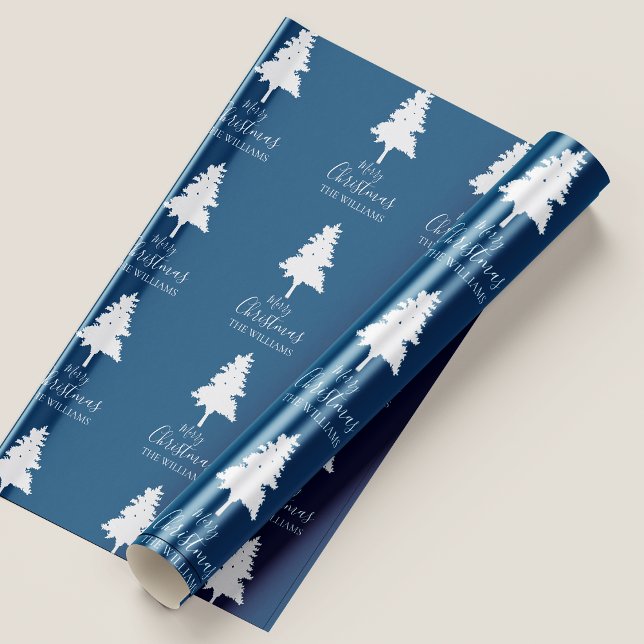 Personalise Family Name Blue Colour White Christma Wrapping Paper (Personalize Family Name Blue Color White Christmas Wrapping Paper)