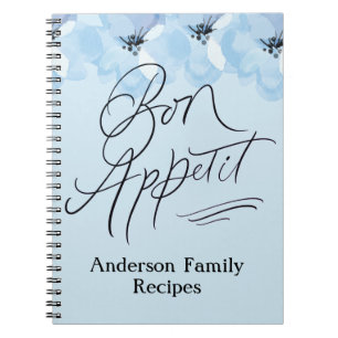 Personalise Family Recipes Bon Appetit Blue Floral Notebook