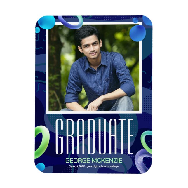Personalise fancy blue graduation announcement magnet (Vertical)