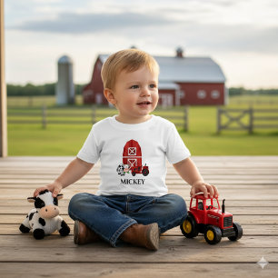 Personalise Farm Barn and Red Tractor Cute  Baby T-Shirt