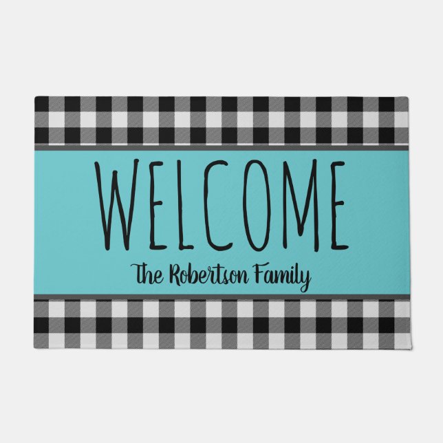 Personalise Farmhouse Black Buffalo check and Teal Doormat (Front)