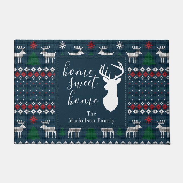 Personalise Faux Knitting Pattern Christmas Family Doormat (Front)