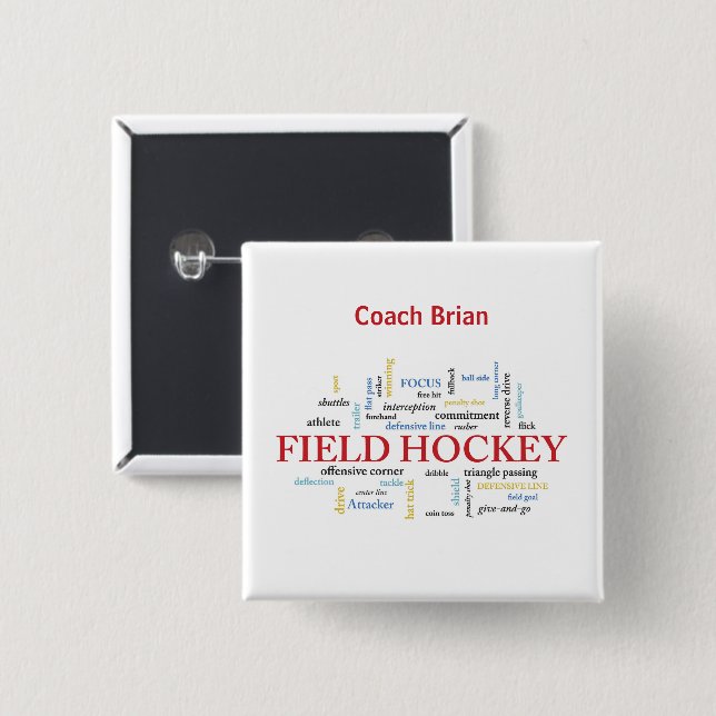 Personalise, Field Hockey Coach Thank You in Words 15 Cm Square Badge (Front & Back)