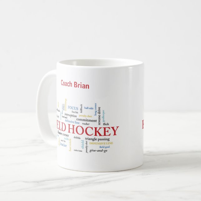 Personalise, Field Hockey Coach Thank You in Words Coffee Mug (Front Left)