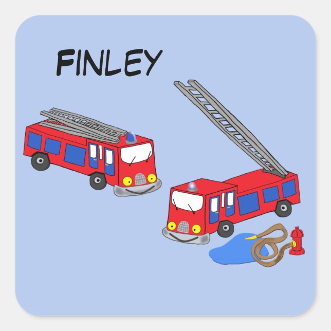 Personalise Fireman’s Red Fire Trucks Square Sticker (Front)