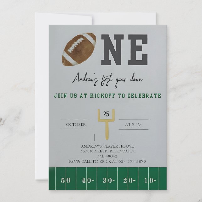 Personalise First Year Down American Football  Invitation (Front)