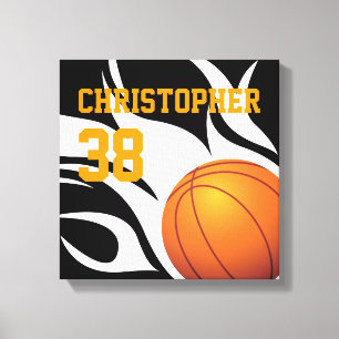 Personalise Flaming Basketball B/W Canvas Print