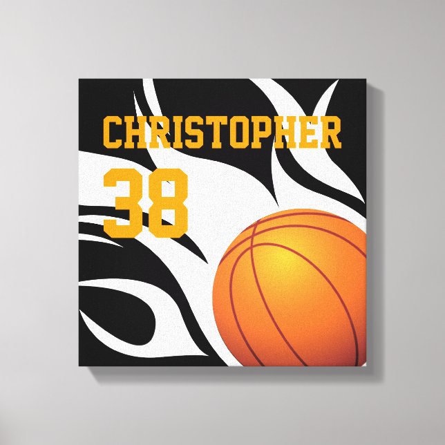 Personalise Flaming Basketball B/W Canvas Print (Front)