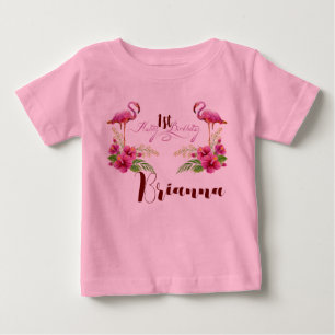 Personalise Flamingo Hibiscus Pink Girly Birthday Baby T-Shirt