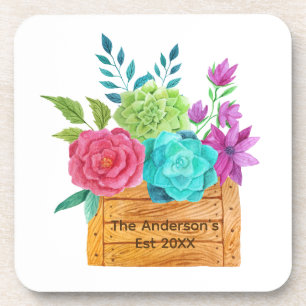Personalise Floral Basket Pink Blue Green Flowers Coaster