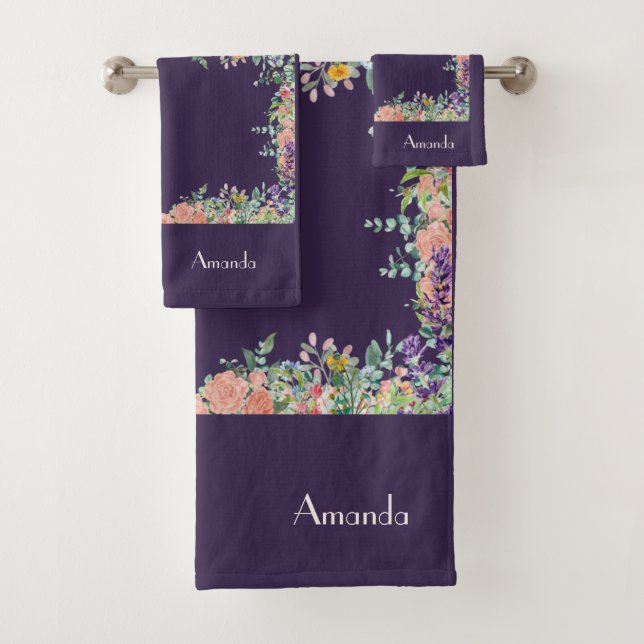 Personalise Floral Border on Purple Background Bath Towel Set (Insitu)