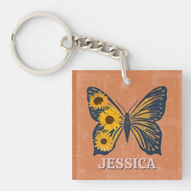Personalise Floral Butterfly Acrylic Keychain (Front)