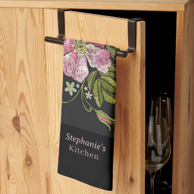 Personalise Floral Embroidery Pattern Black Backgr Tea Towel (Thirds Fold)
