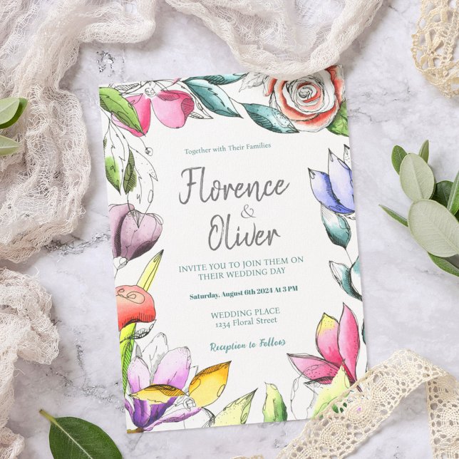 Personalise Floral Outlined Wedding Invitation (Creator Uploaded)