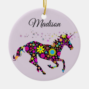 Personalise Floral Unicorn With Name Ceramic Tree Decoration